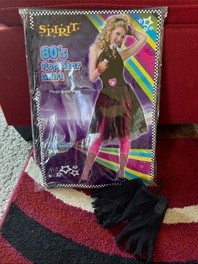 🎃SPIRIT:80's Pop Star Costume-Black skirt & fish net gloves-Fits ⬆️2 Size 14/16